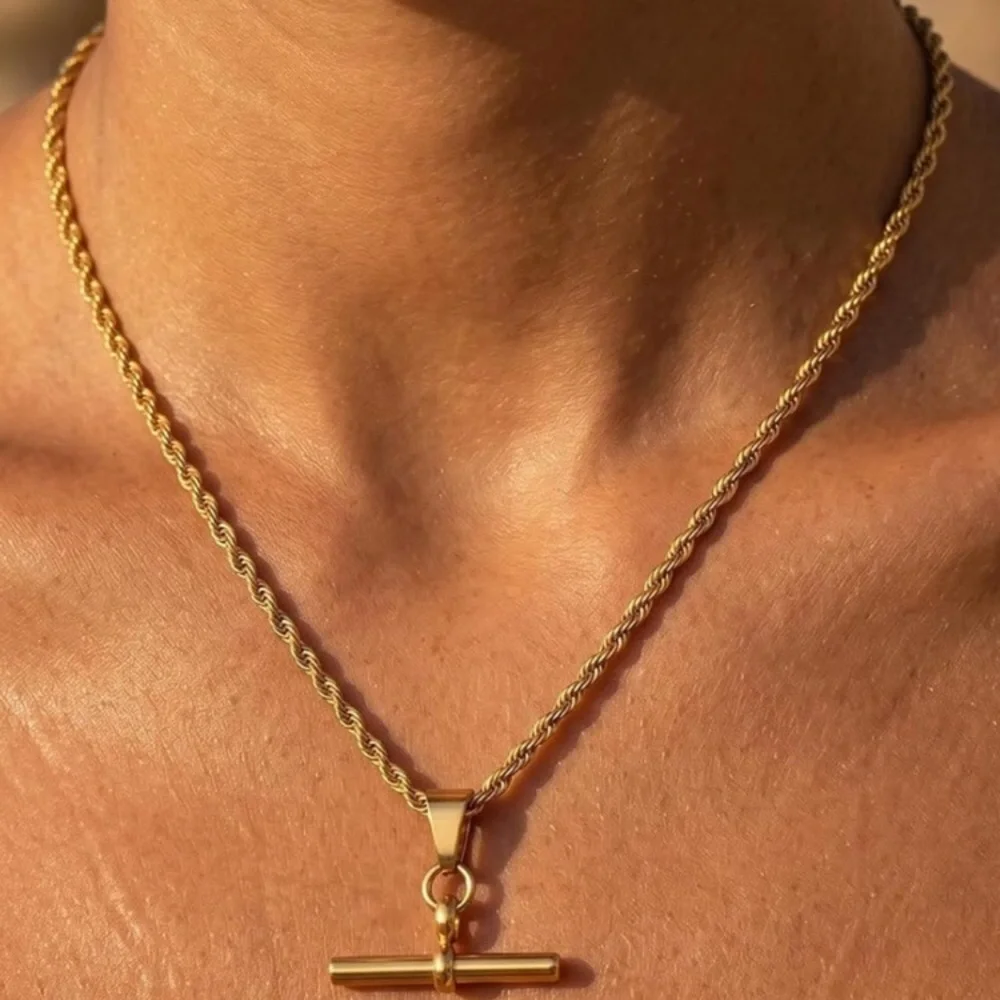 T-Bar Rope Gold Pendant Necklace 24k Gold Plated new